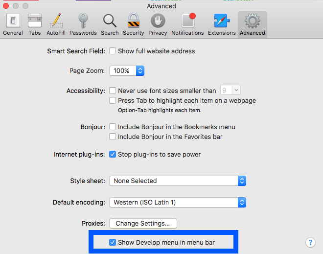 Show Develop menu in menu bar